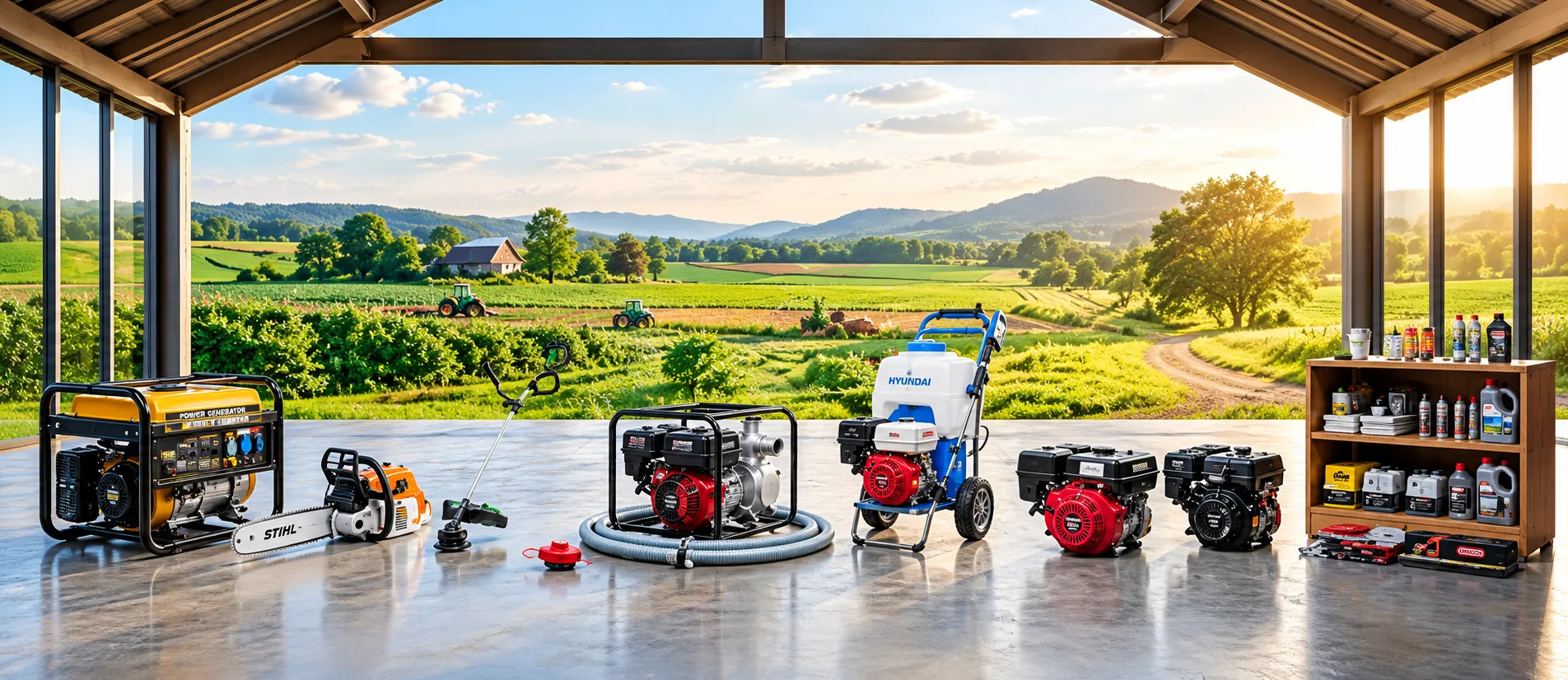 Máy phát điện, máy cưa xích, máy cắt cỏ, máy bơm nước, máy xịt rửa và động cơ trưng bày trước cánh đồng