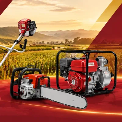 Máy cắt cỏ, máy cưa xích và máy bơm nước trước cánh đồng