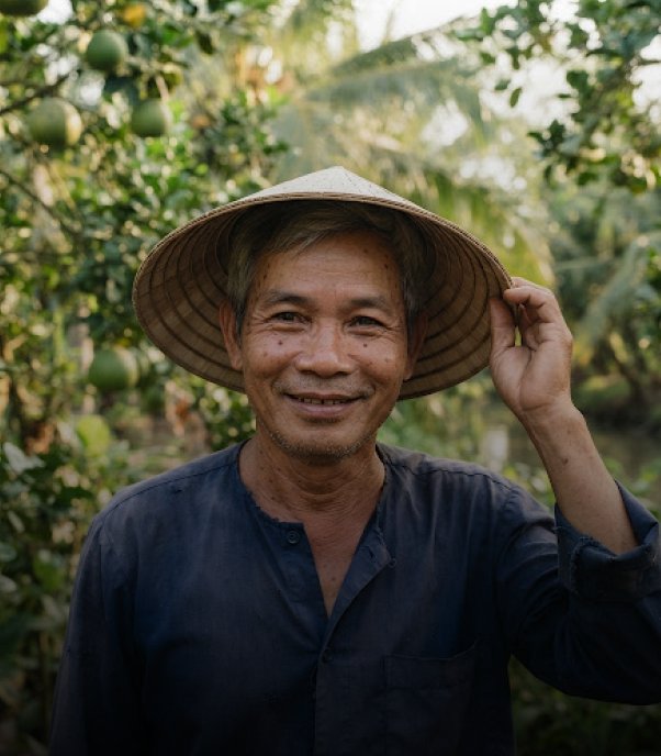 Người nông dân đội nón lá trong vườn cây ăn trái